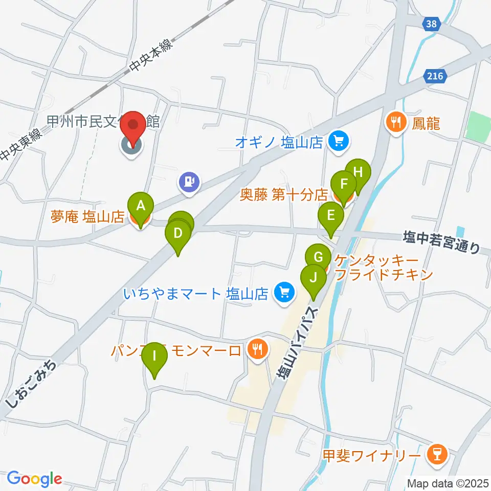 甲州市民文化会館周辺のファミレス・ファーストフード一覧地図