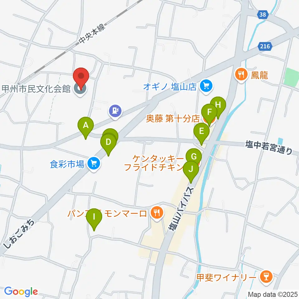 甲州市民文化会館周辺のファミレス・ファーストフード一覧地図