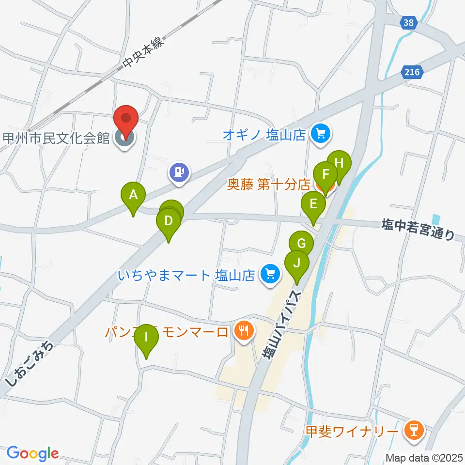 甲州市民文化会館周辺のファミレス・ファーストフード一覧地図