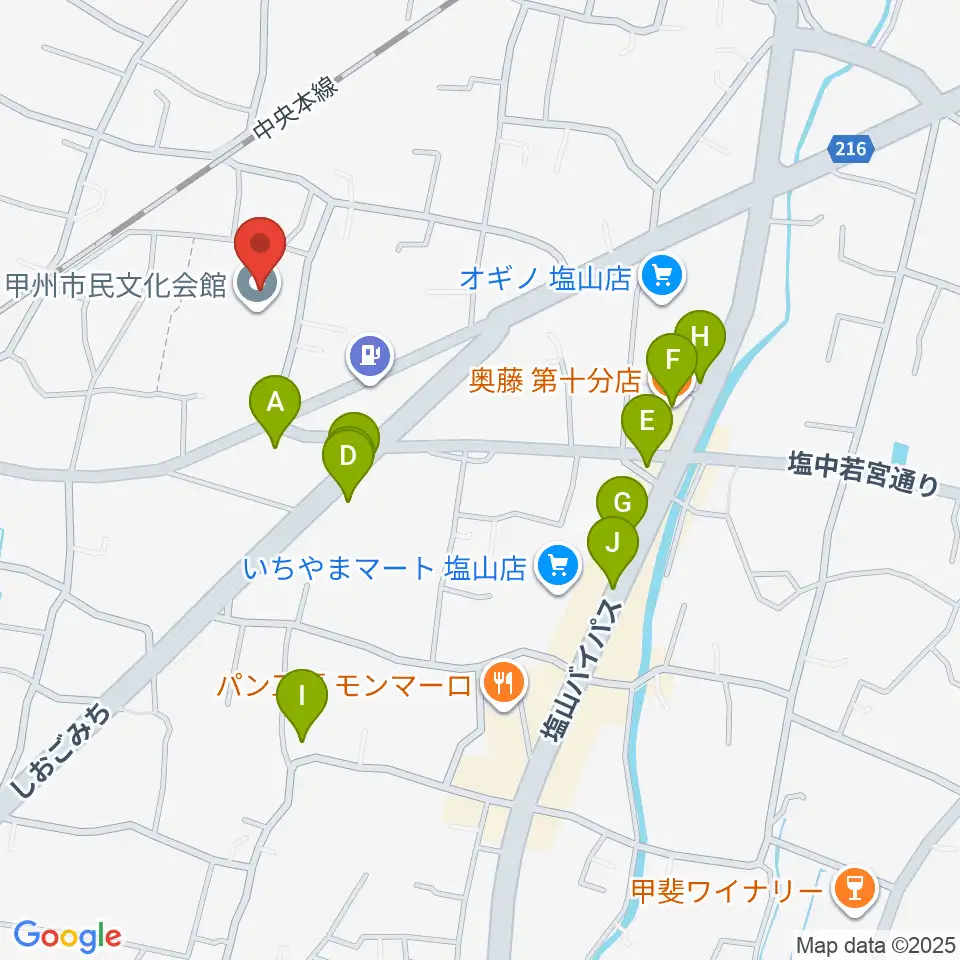 甲州市民文化会館周辺のファミレス・ファーストフード一覧地図