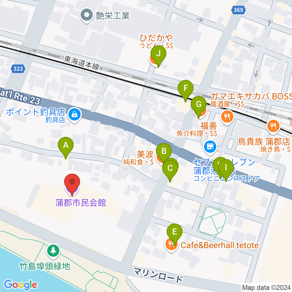 蒲郡市民会館周辺のファミレス・ファーストフード一覧地図