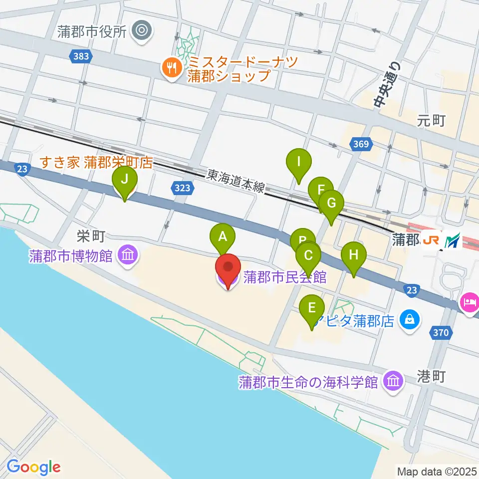 蒲郡市民会館周辺のファミレス・ファーストフード一覧地図