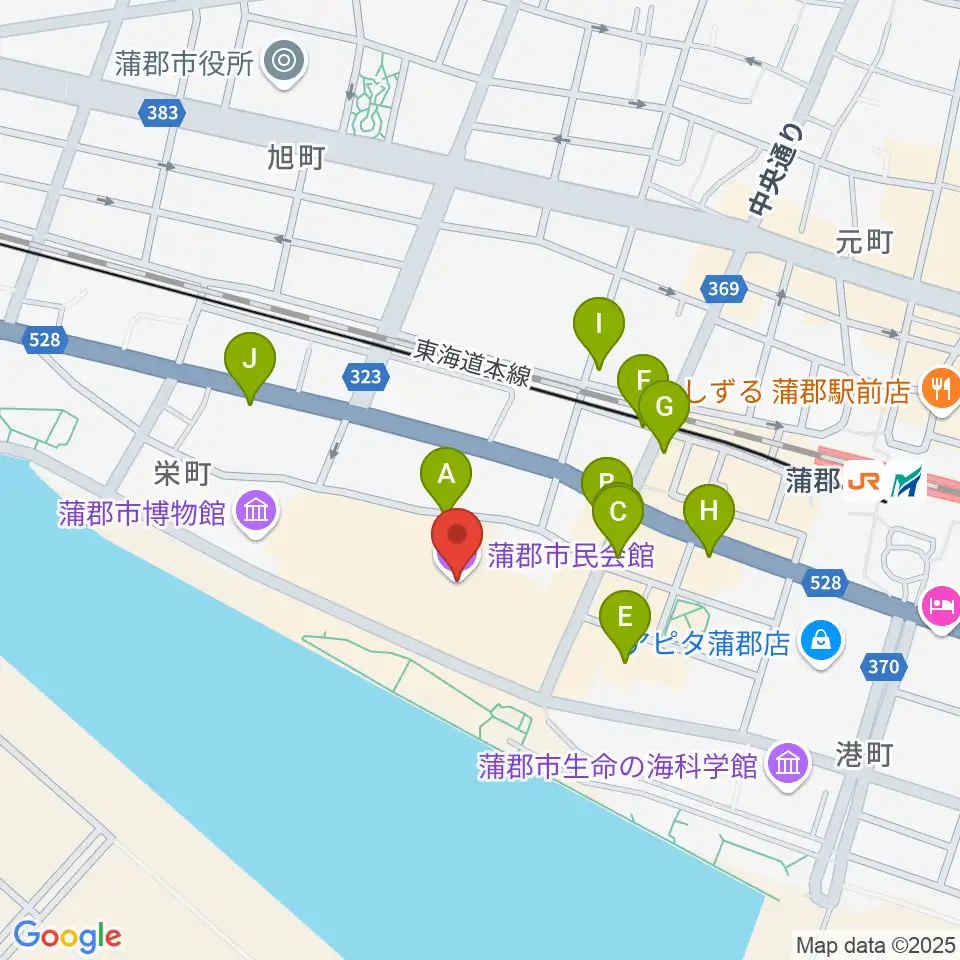 蒲郡市民会館周辺のファミレス・ファーストフード一覧地図