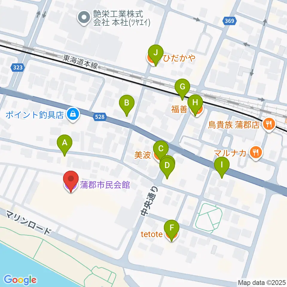 蒲郡市民会館周辺のファミレス・ファーストフード一覧地図