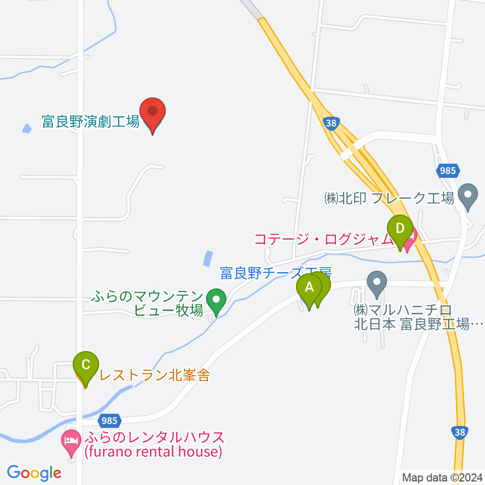 富良野演劇工場周辺のファミレス・ファーストフード一覧地図