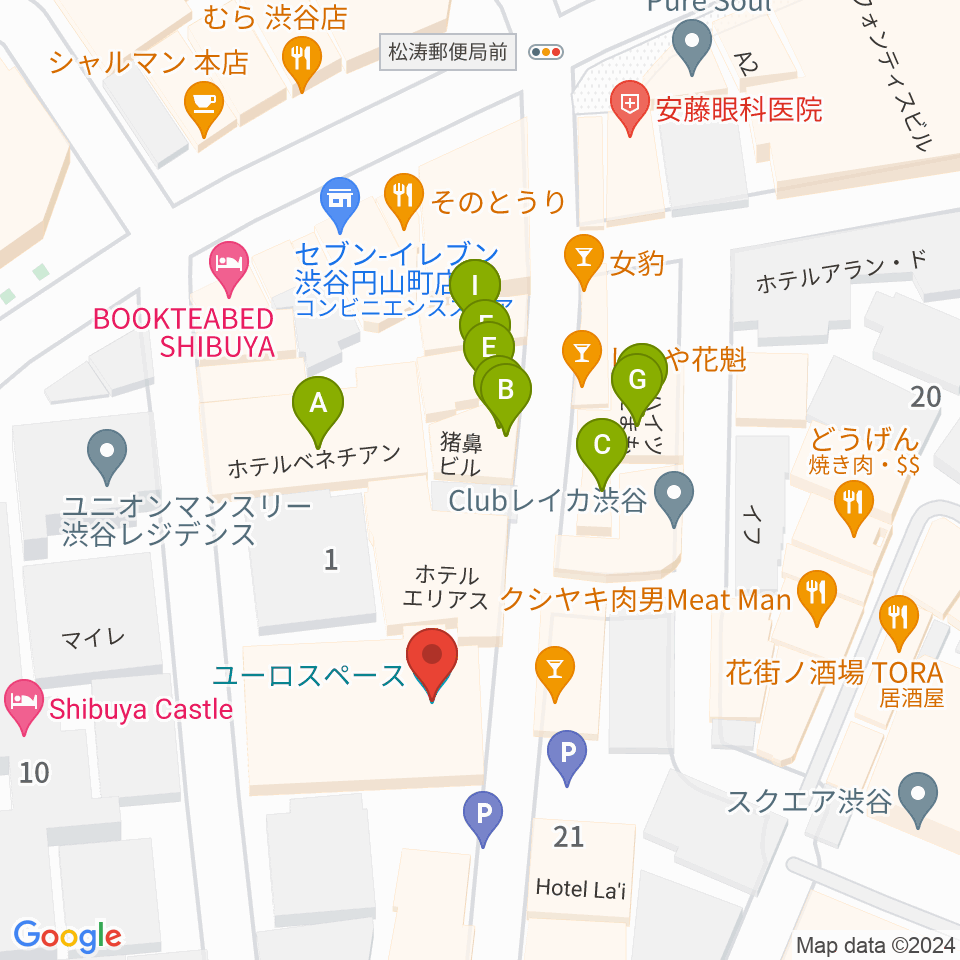 渋谷ユーロスペース周辺のファミレス・ファーストフード一覧地図