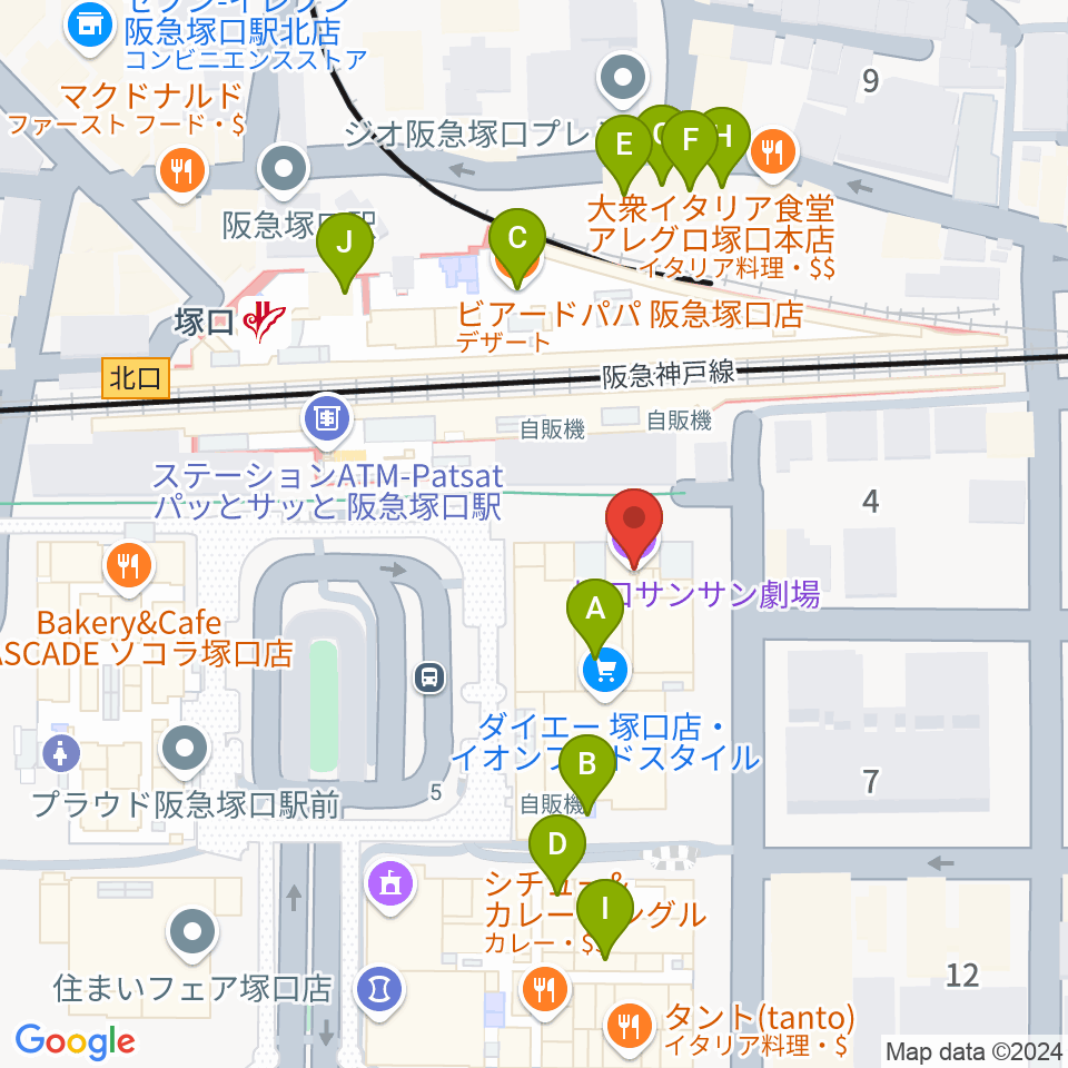 塚口サンサン劇場周辺のファミレス・ファーストフード一覧地図