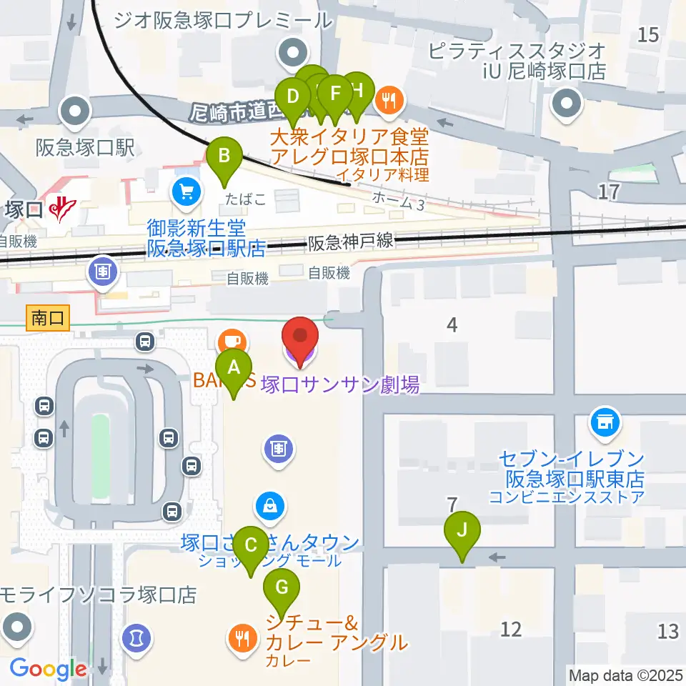 塚口サンサン劇場周辺のファミレス・ファーストフード一覧地図