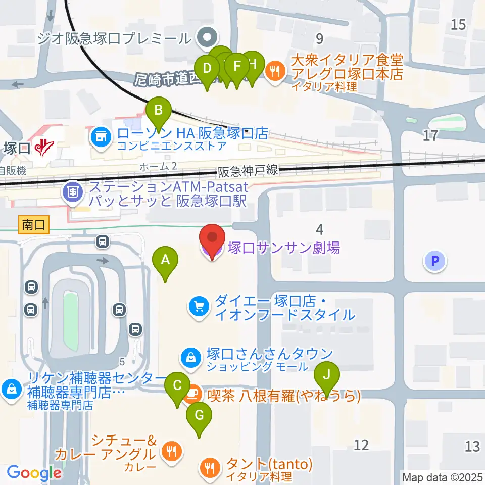 塚口サンサン劇場周辺のファミレス・ファーストフード一覧地図
