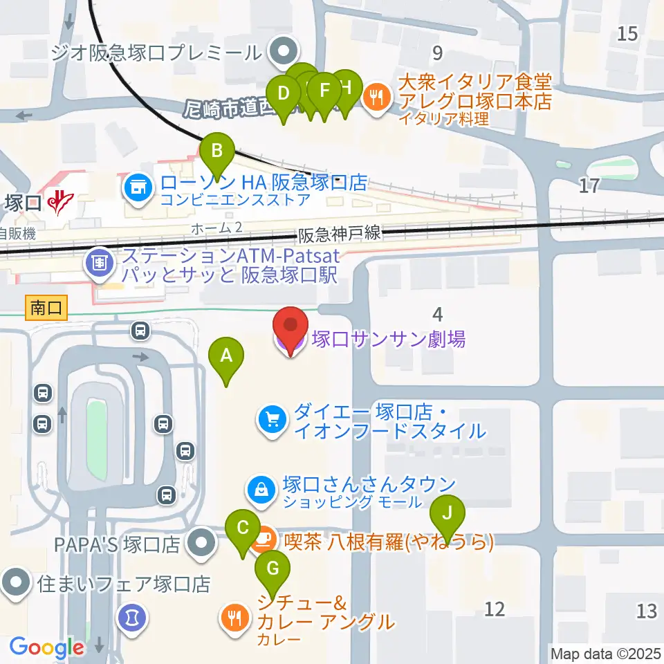 塚口サンサン劇場周辺のファミレス・ファーストフード一覧地図