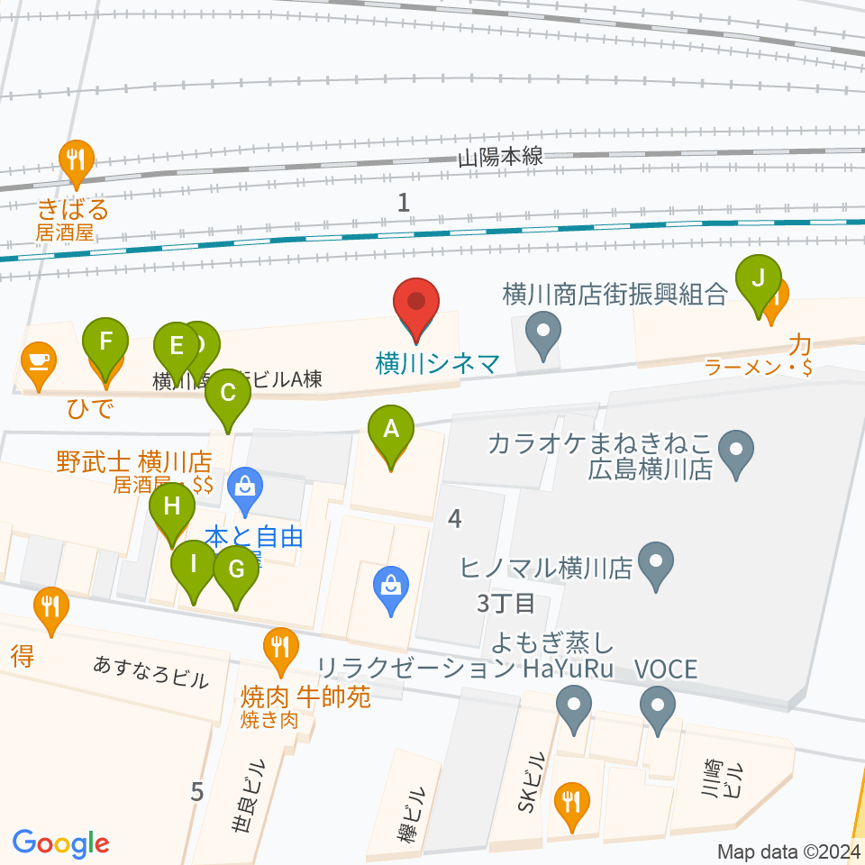 横川シネマ周辺のファミレス・ファーストフード一覧地図