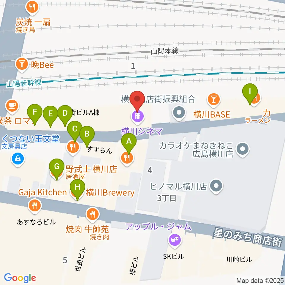 横川シネマ周辺のファミレス・ファーストフード一覧地図