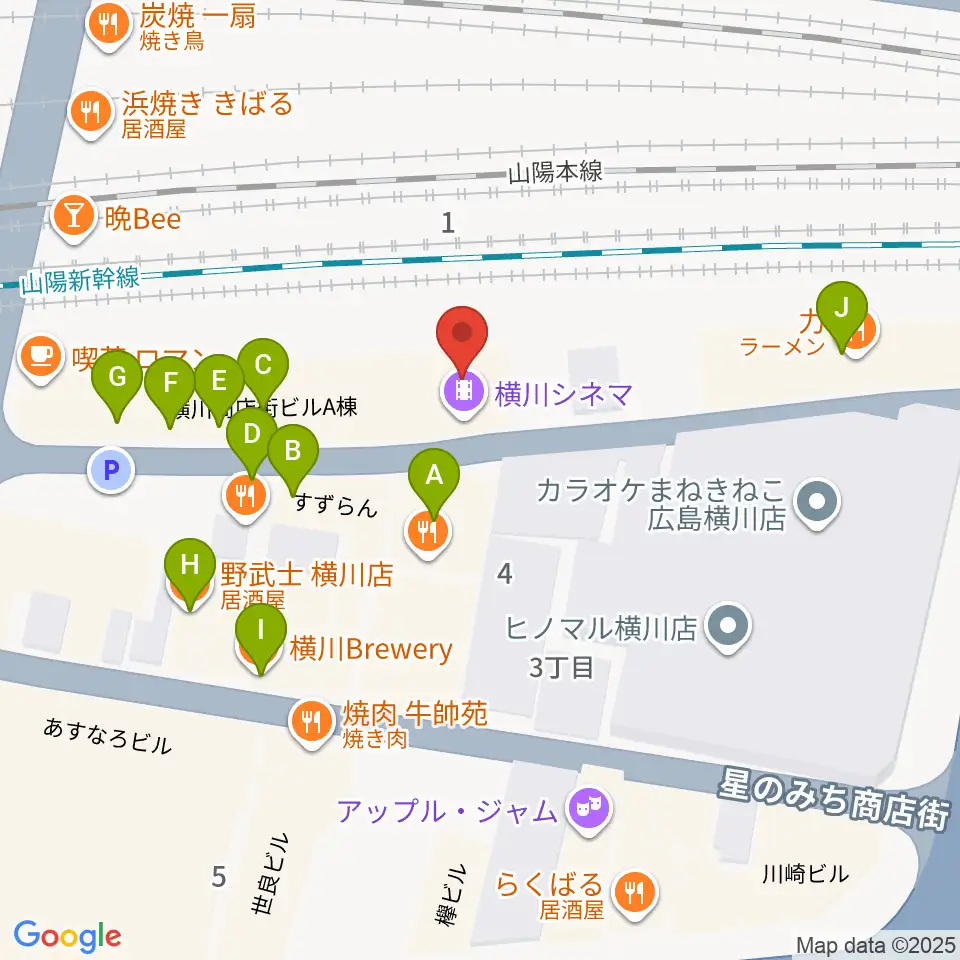 横川シネマ周辺のファミレス・ファーストフード一覧地図