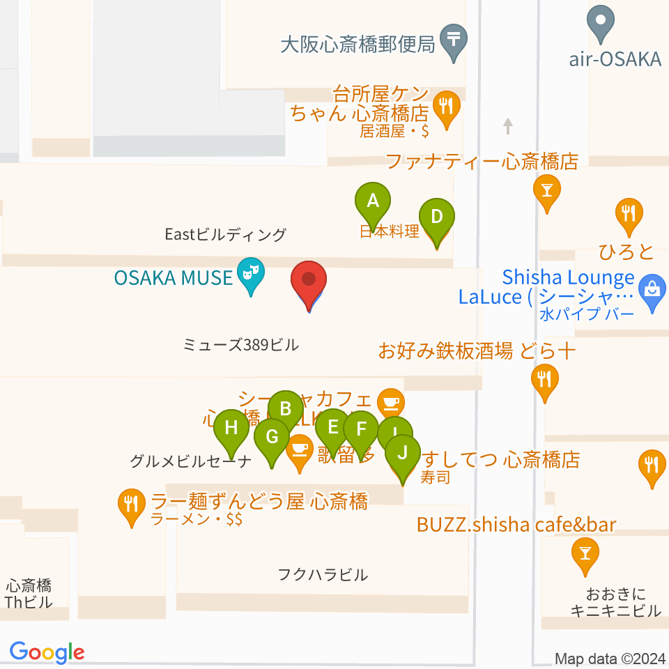 大阪心斎橋MUSE BOX周辺のファミレス・ファーストフード一覧地図