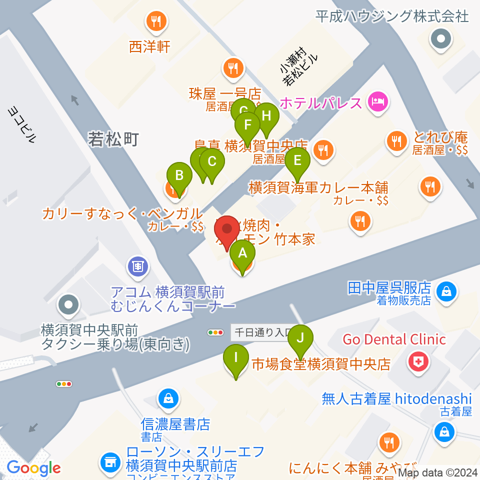 よこすかピアノスタジオ周辺のファミレス・ファーストフード一覧地図