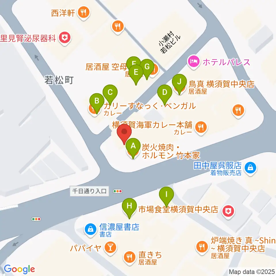よこすかピアノスタジオ周辺のファミレス・ファーストフード一覧地図