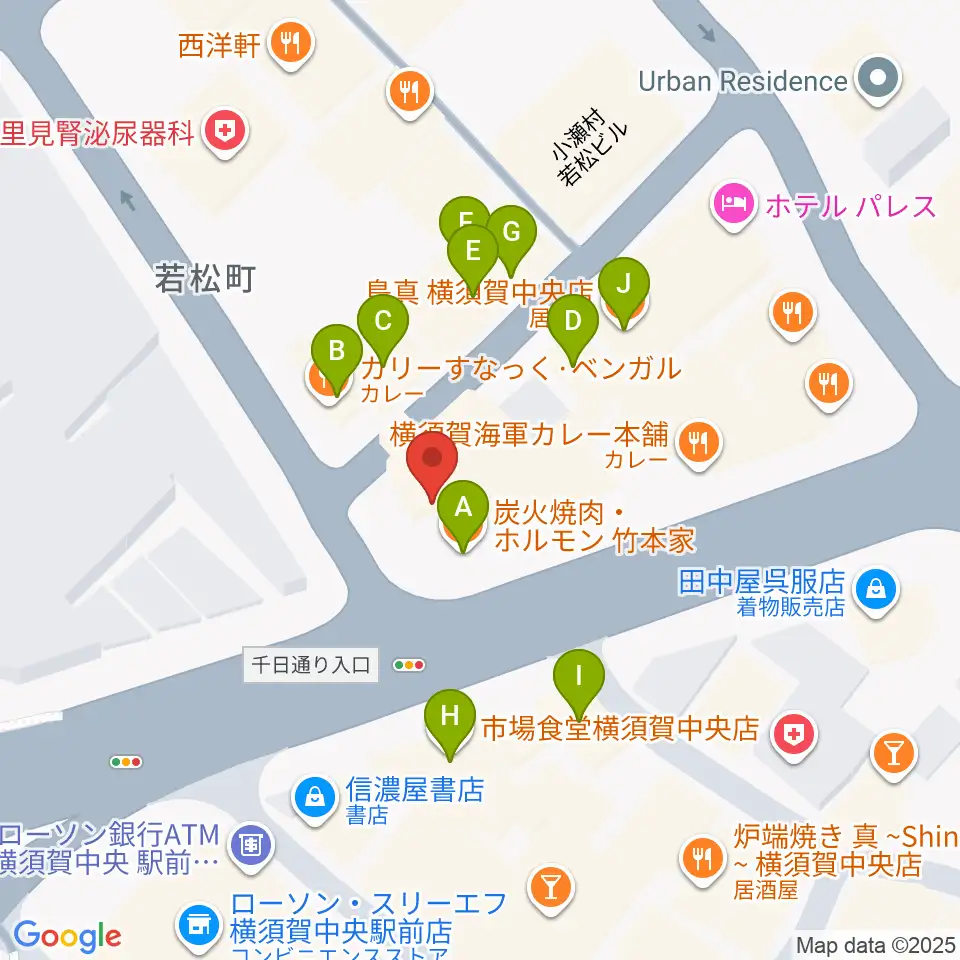よこすかピアノスタジオ周辺のファミレス・ファーストフード一覧地図