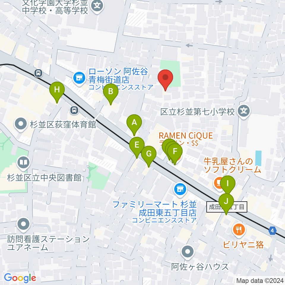 長谷部ギター教室周辺のファミレス・ファーストフード一覧地図