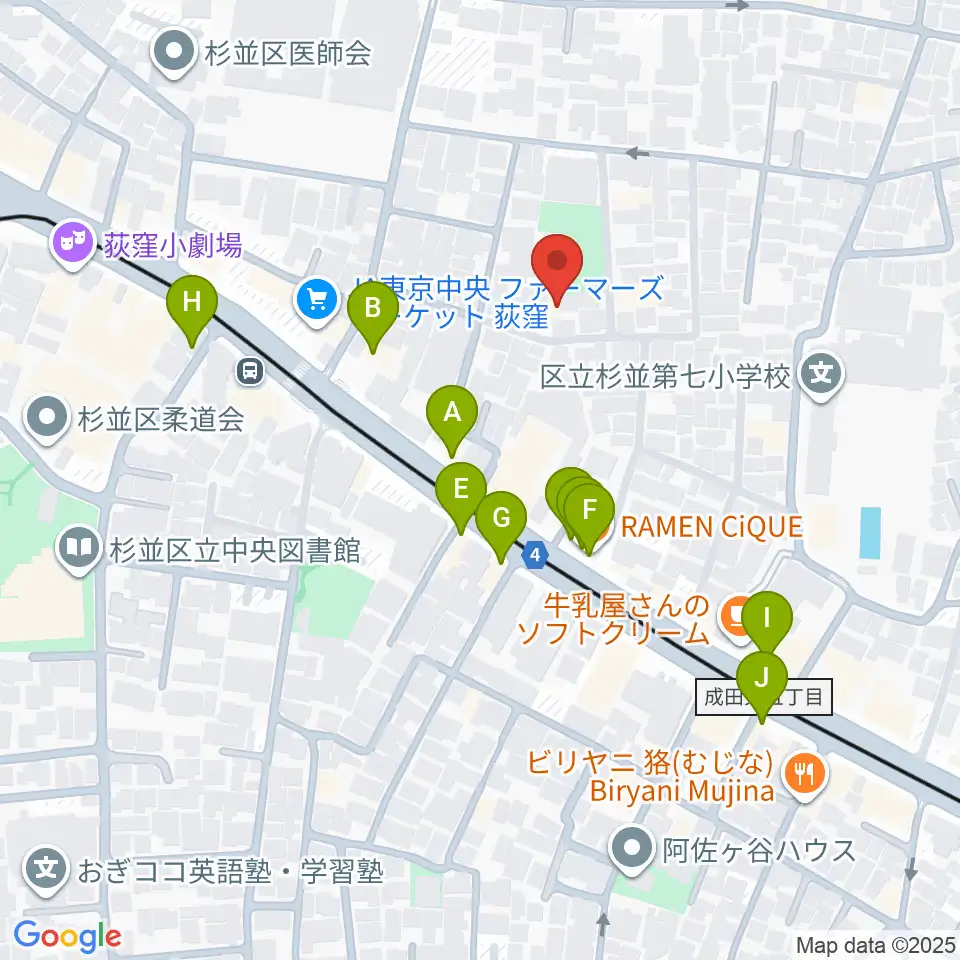 長谷部ギター教室周辺のファミレス・ファーストフード一覧地図