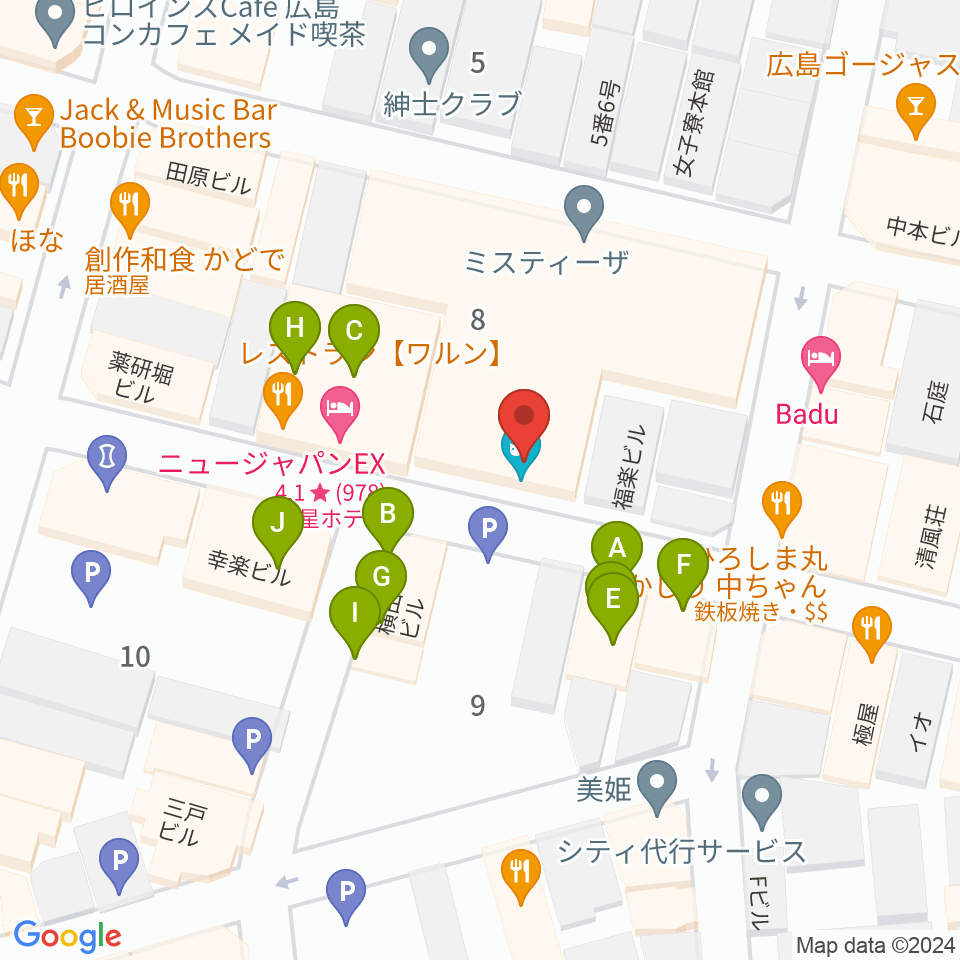 広島LIVE VANQUISH周辺のファミレス・ファーストフード一覧地図
