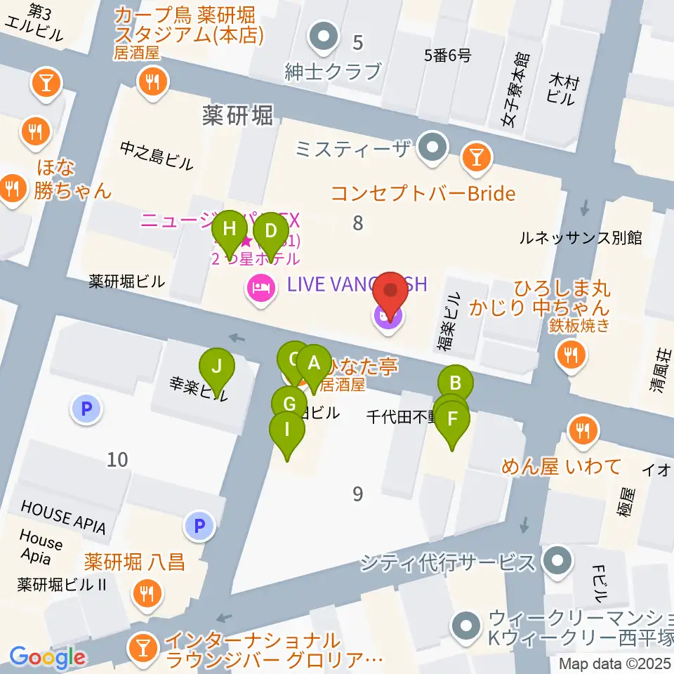 広島LIVE VANQUISH周辺のファミレス・ファーストフード一覧地図