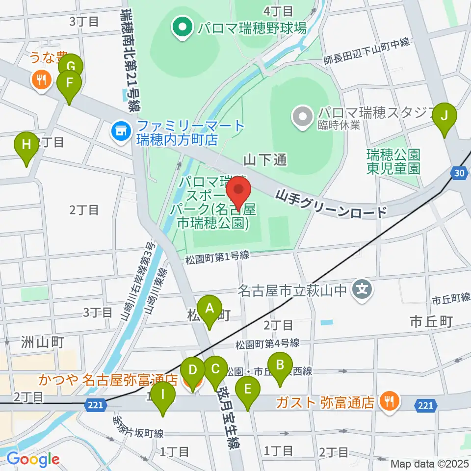 パロマ瑞穂ラグビー場周辺のファミレス・ファーストフード一覧地図