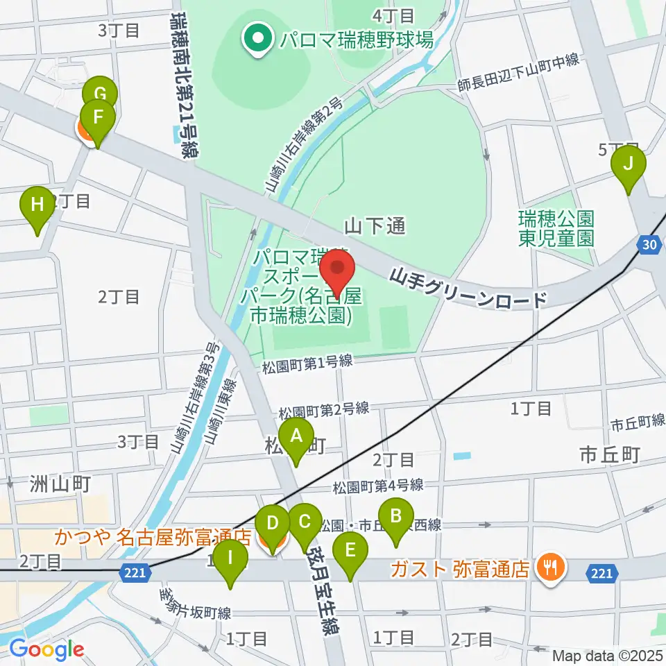 パロマ瑞穂ラグビー場周辺のファミレス・ファーストフード一覧地図