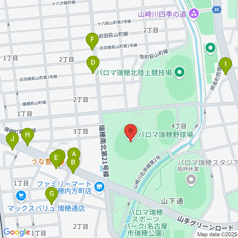 パロマ瑞穂野球場周辺のファミレス・ファーストフード一覧地図
