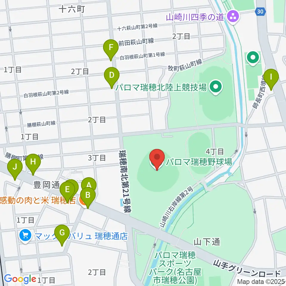 パロマ瑞穂野球場周辺のファミレス・ファーストフード一覧地図