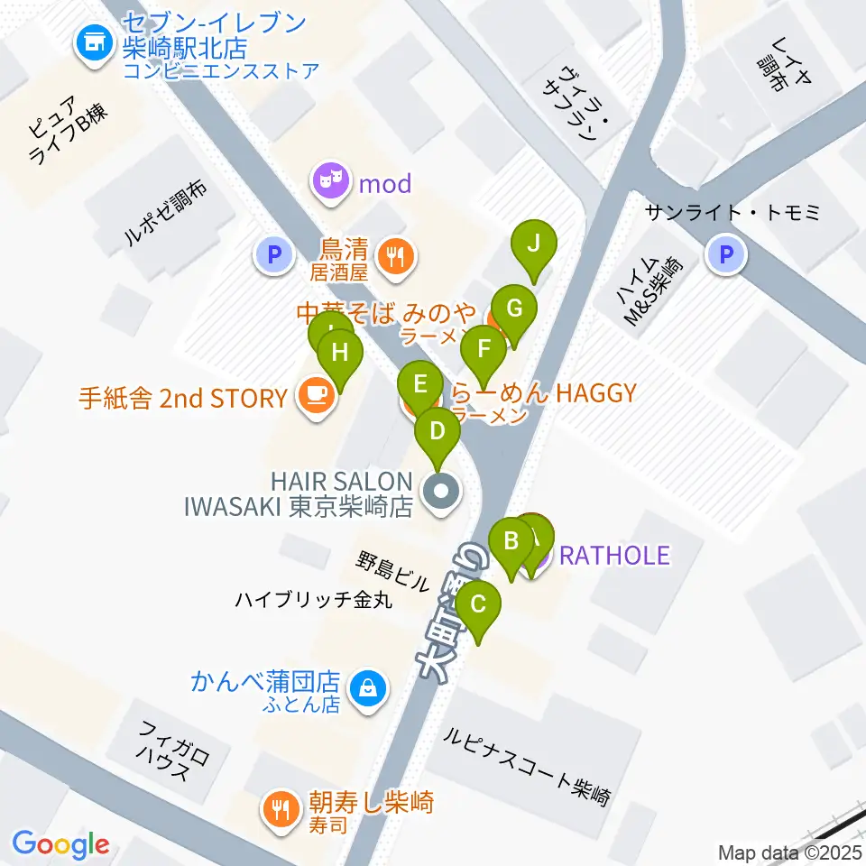 柴崎RATHOLE周辺のファミレス・ファーストフード一覧地図