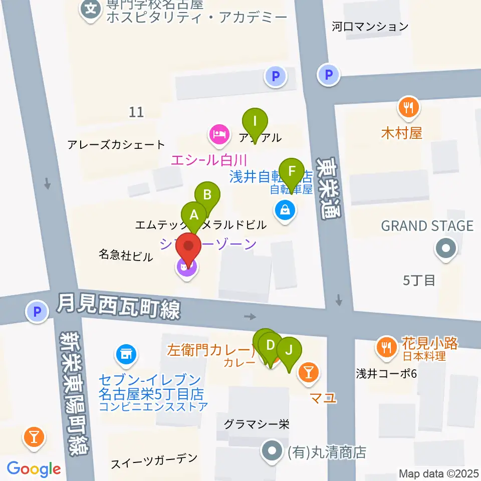 名古屋栄シアターZONE周辺のファミレス・ファーストフード一覧地図