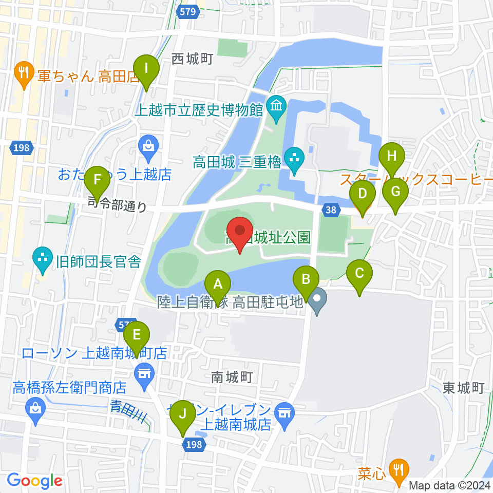 高田城址公園オーレンプラザ周辺のファミレス・ファーストフード一覧地図