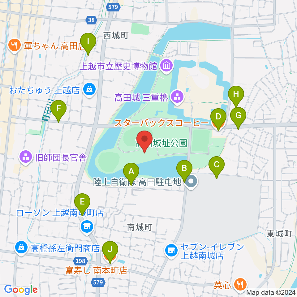 高田城址公園オーレンプラザ周辺のファミレス・ファーストフード一覧地図