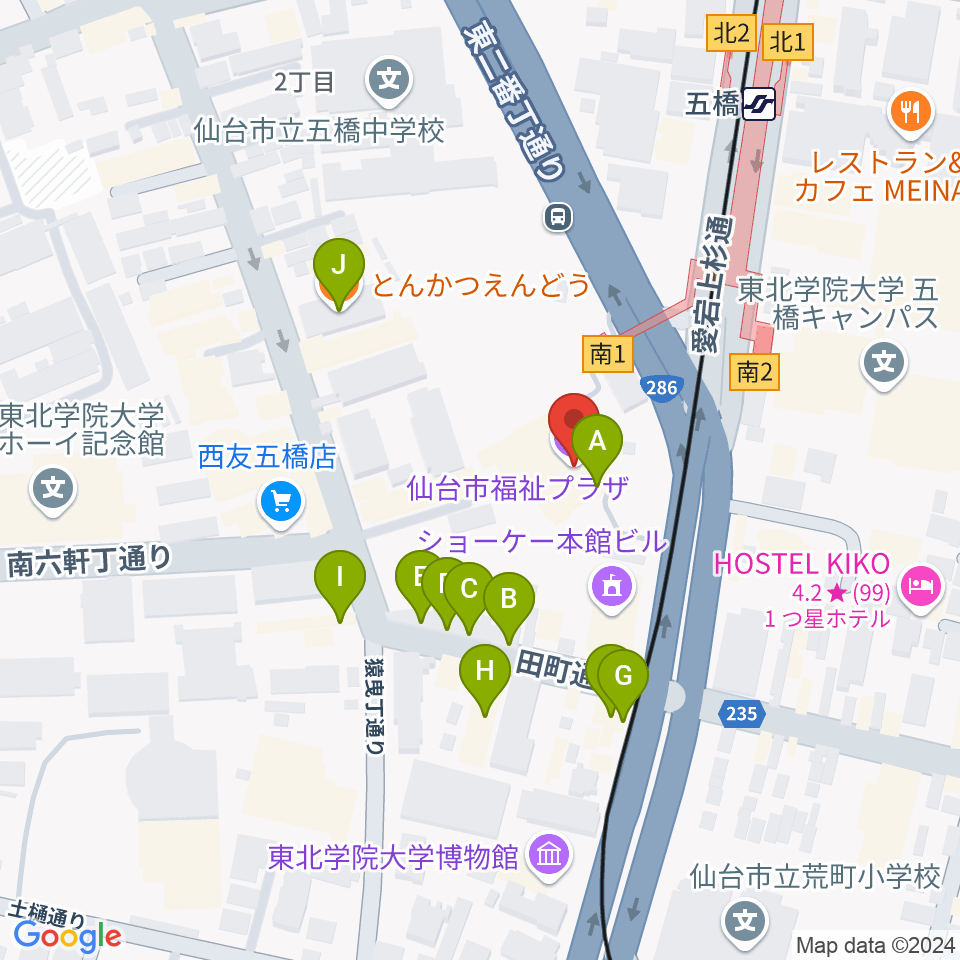 仙台市福祉プラザ周辺のファミレス・ファーストフード一覧地図