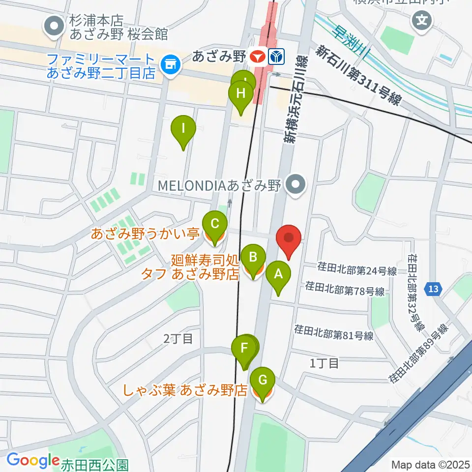 アートフォーラムあざみ野周辺のファミレス・ファーストフード一覧地図