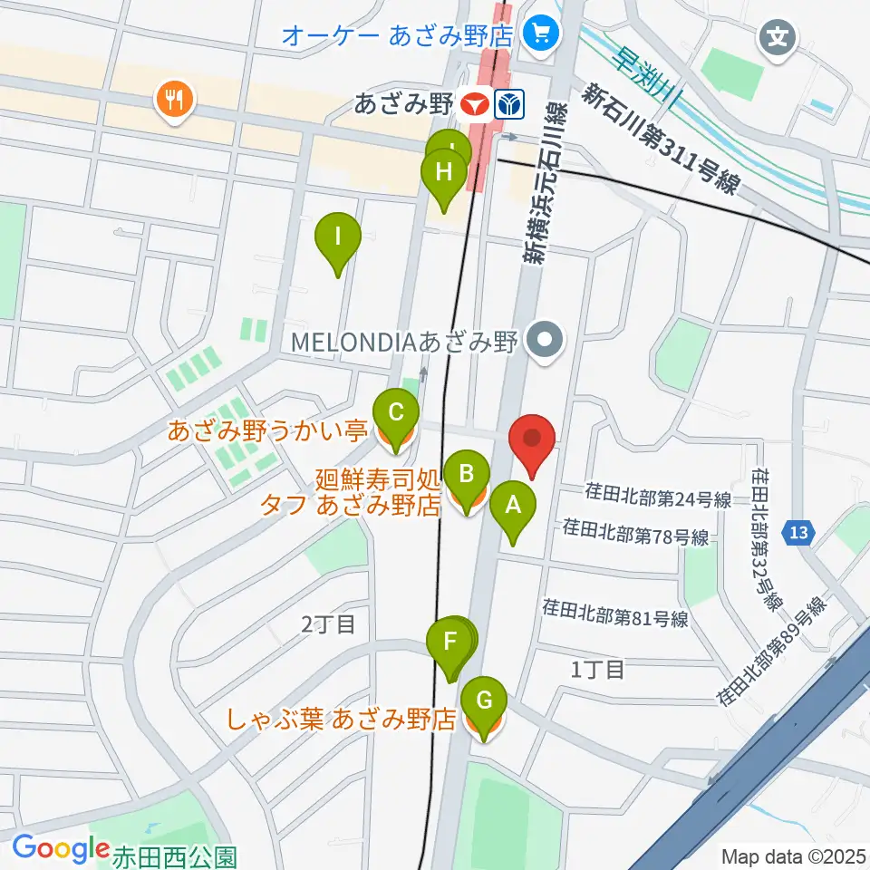 アートフォーラムあざみ野周辺のファミレス・ファーストフード一覧地図