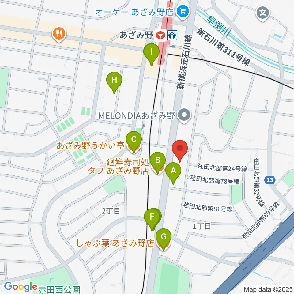 アートフォーラムあざみ野周辺のファミレス・ファーストフード一覧地図