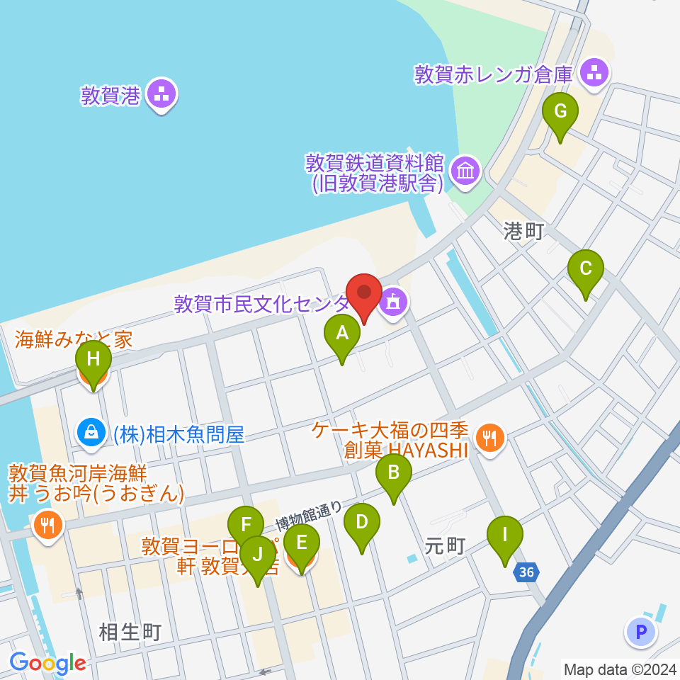 敦賀市民文化センター周辺のファミレス・ファーストフード一覧地図