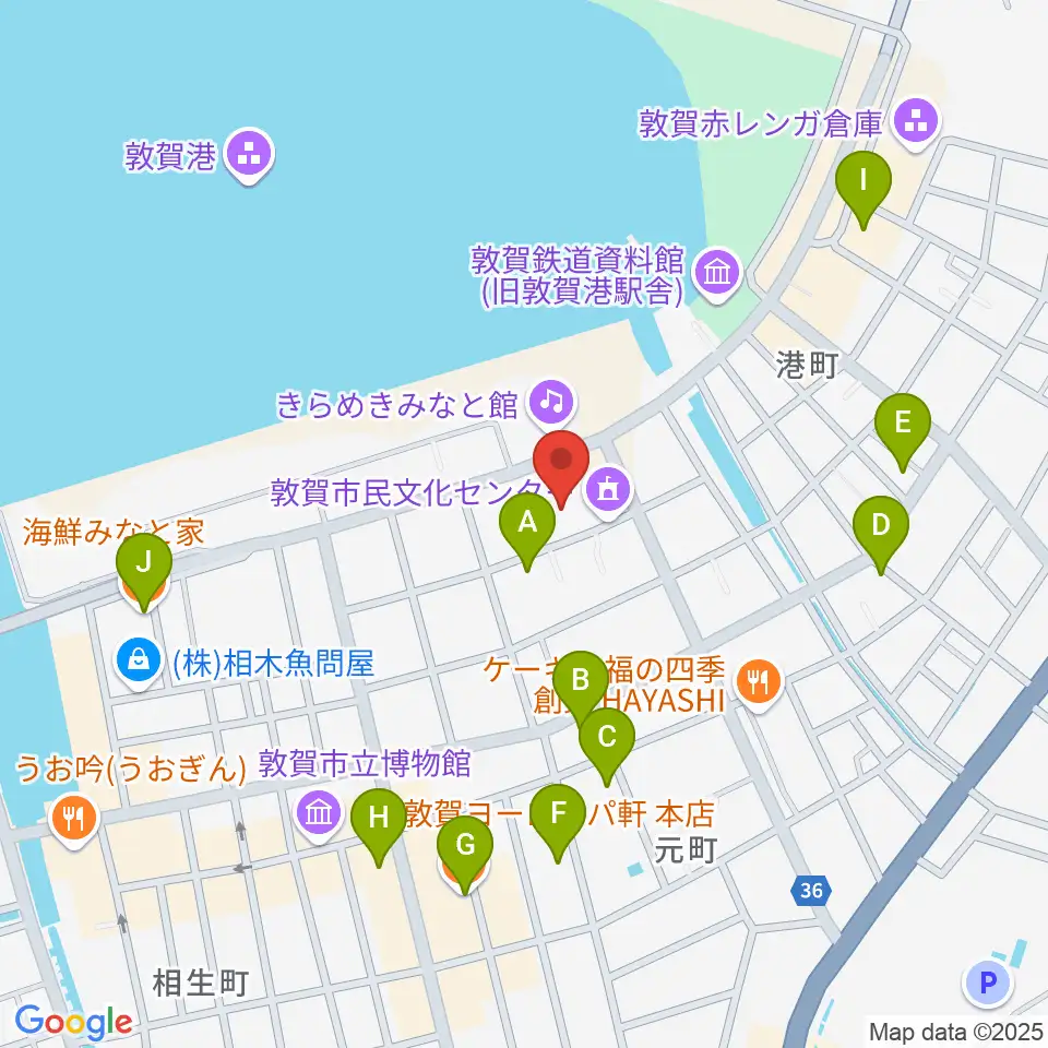 敦賀市民文化センター周辺のファミレス・ファーストフード一覧地図