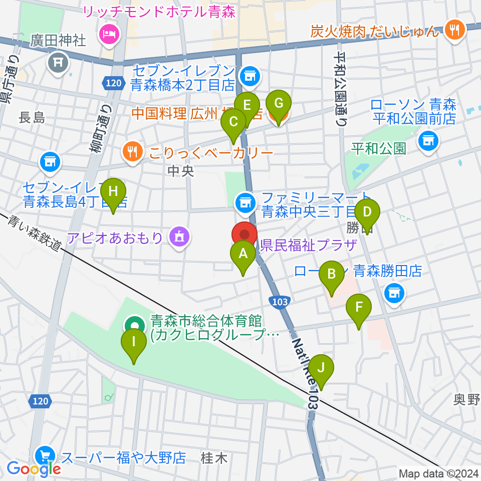 青森県民福祉プラザ周辺のファミレス・ファーストフード一覧地図