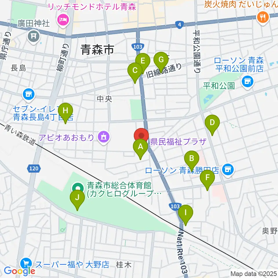 青森県民福祉プラザ周辺のファミレス・ファーストフード一覧地図