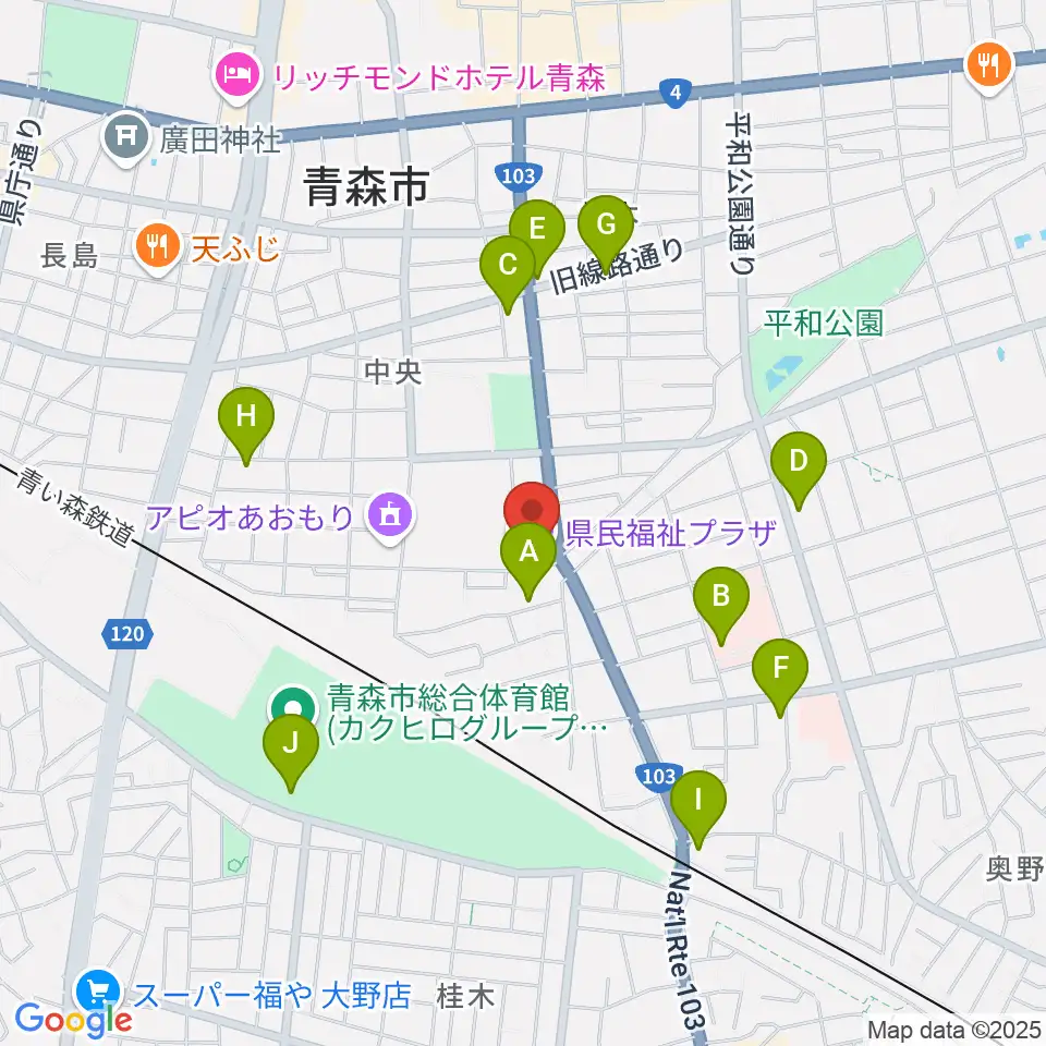 青森県民福祉プラザ周辺のファミレス・ファーストフード一覧地図