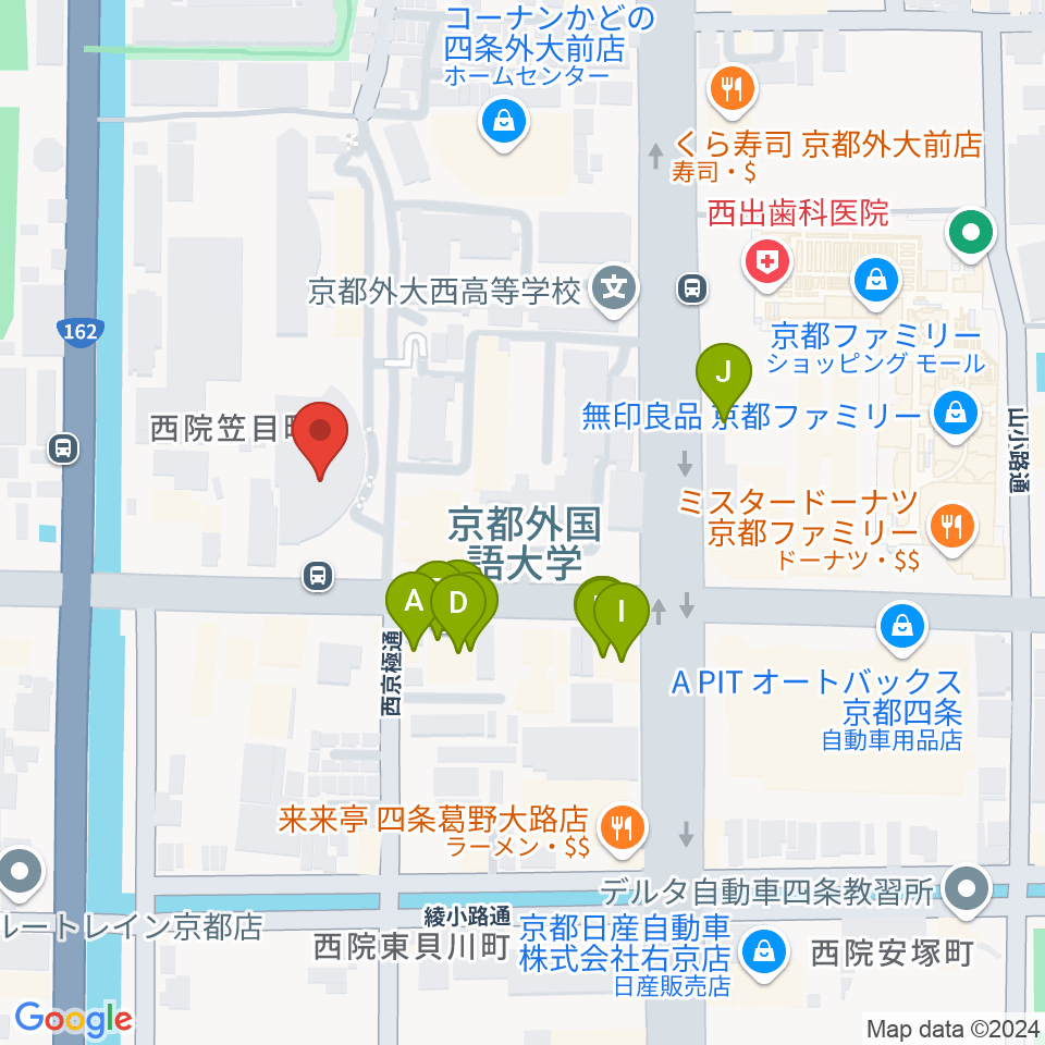 京都外国語大学 森田記念講堂周辺のファミレス・ファーストフード一覧地図