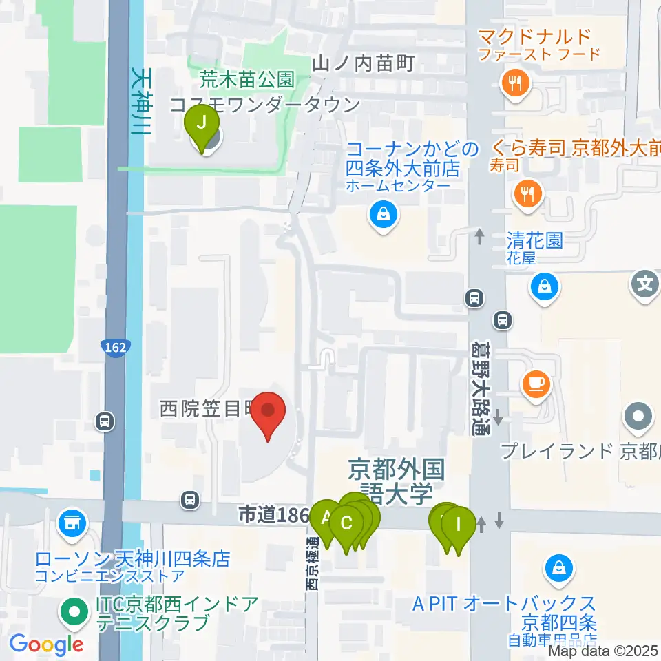 京都外国語大学 森田記念講堂周辺のファミレス・ファーストフード一覧地図