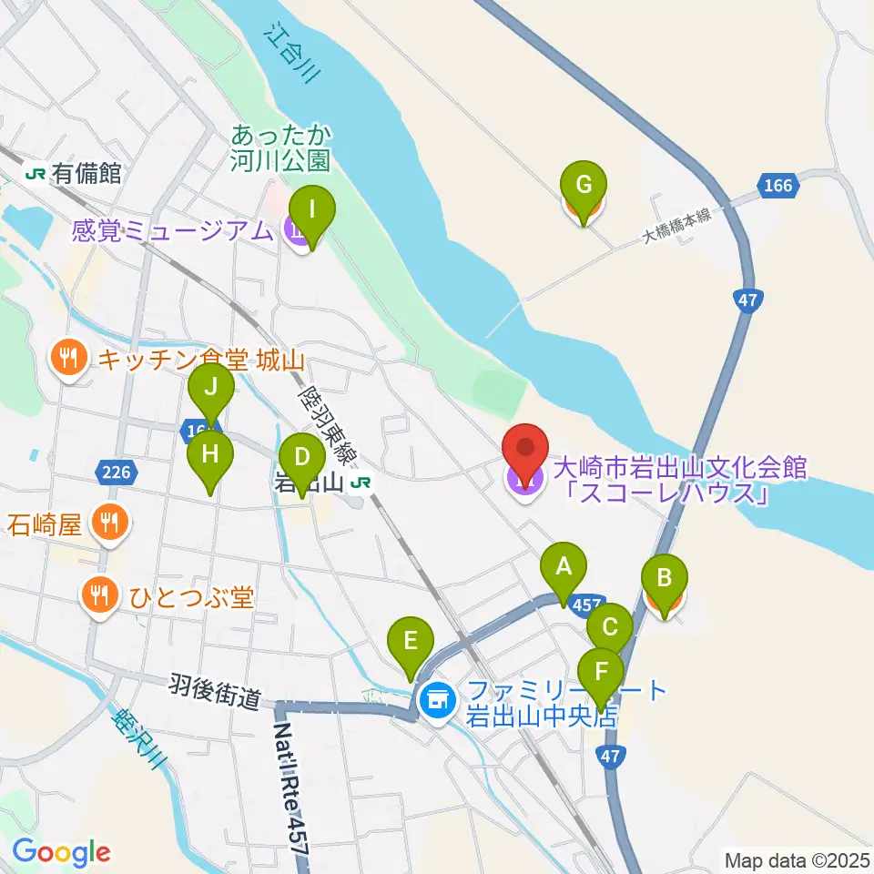 岩出山文化会館（スコーレハウス）周辺のファミレス・ファーストフード一覧地図