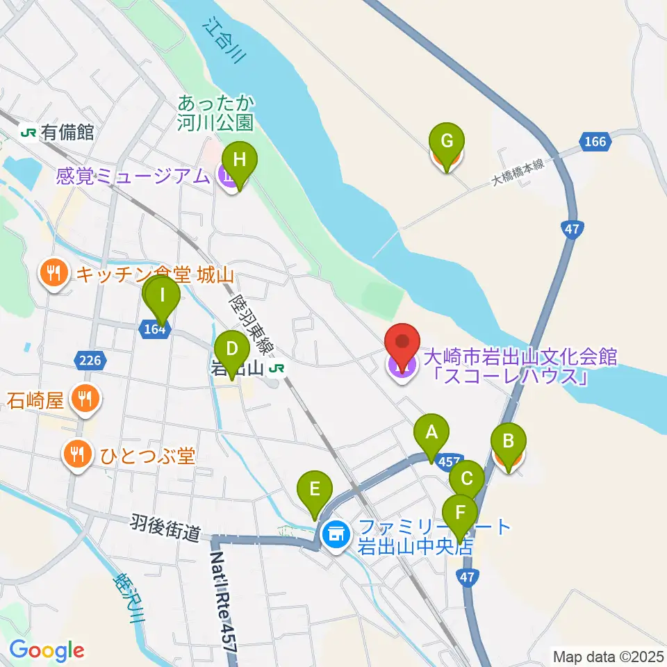 岩出山文化会館（スコーレハウス）周辺のファミレス・ファーストフード一覧地図
