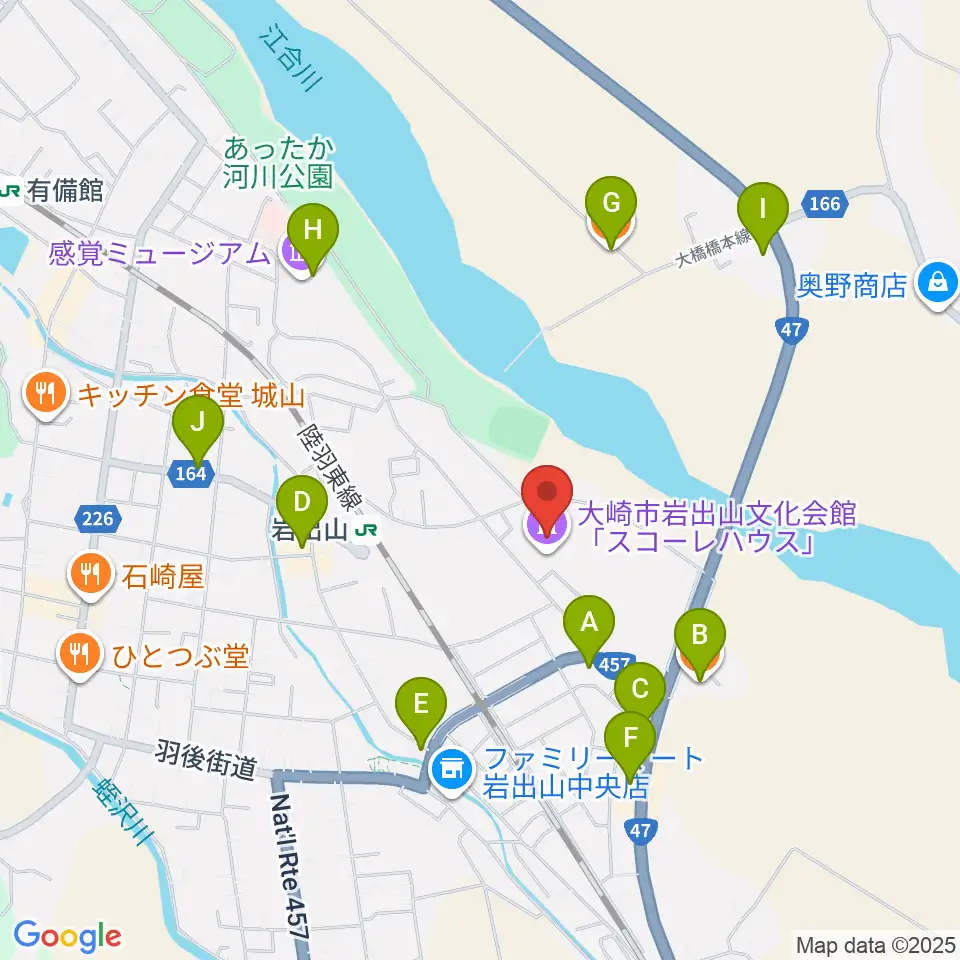岩出山文化会館（スコーレハウス）周辺のファミレス・ファーストフード一覧地図