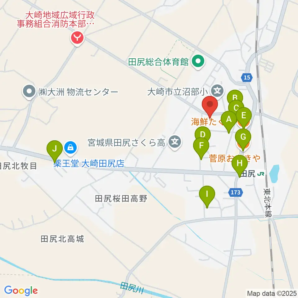 大崎市田尻文化センター周辺のファミレス・ファーストフード一覧地図