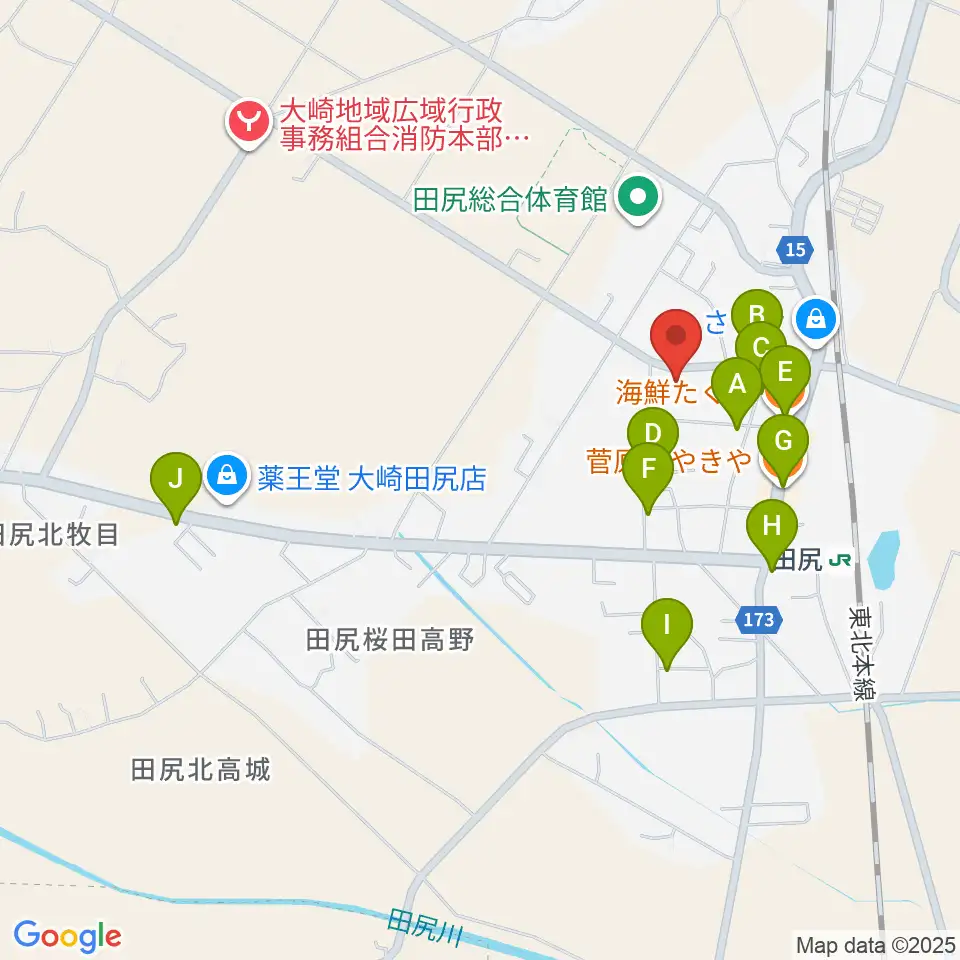 大崎市田尻文化センター周辺のファミレス・ファーストフード一覧地図