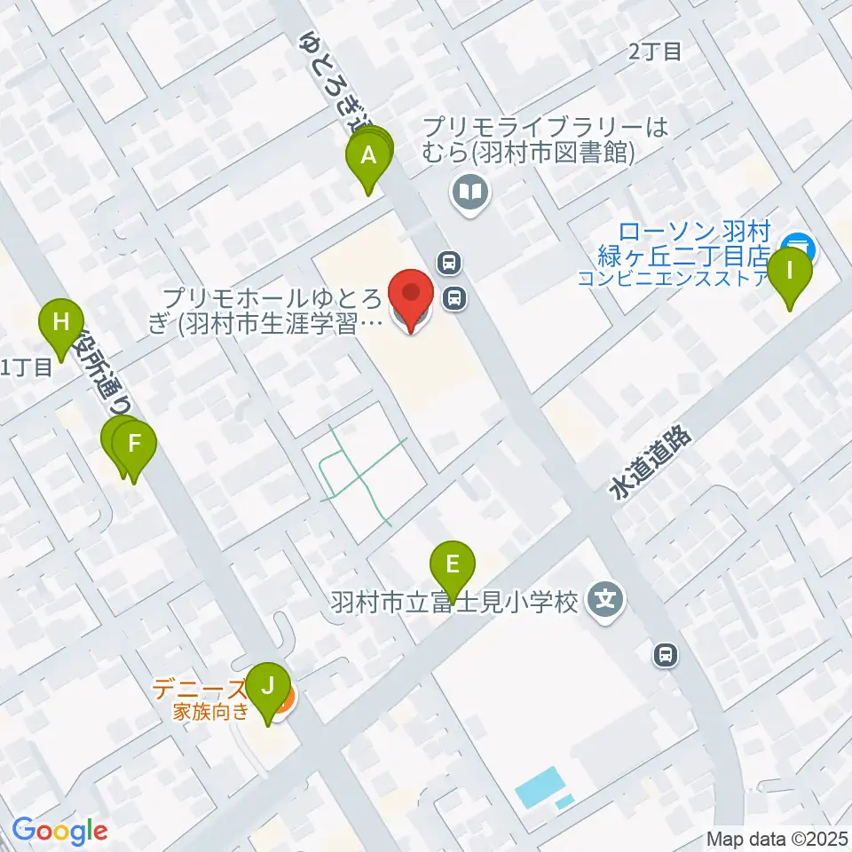 プリモホールゆとろぎ周辺のファミレス・ファーストフード一覧地図